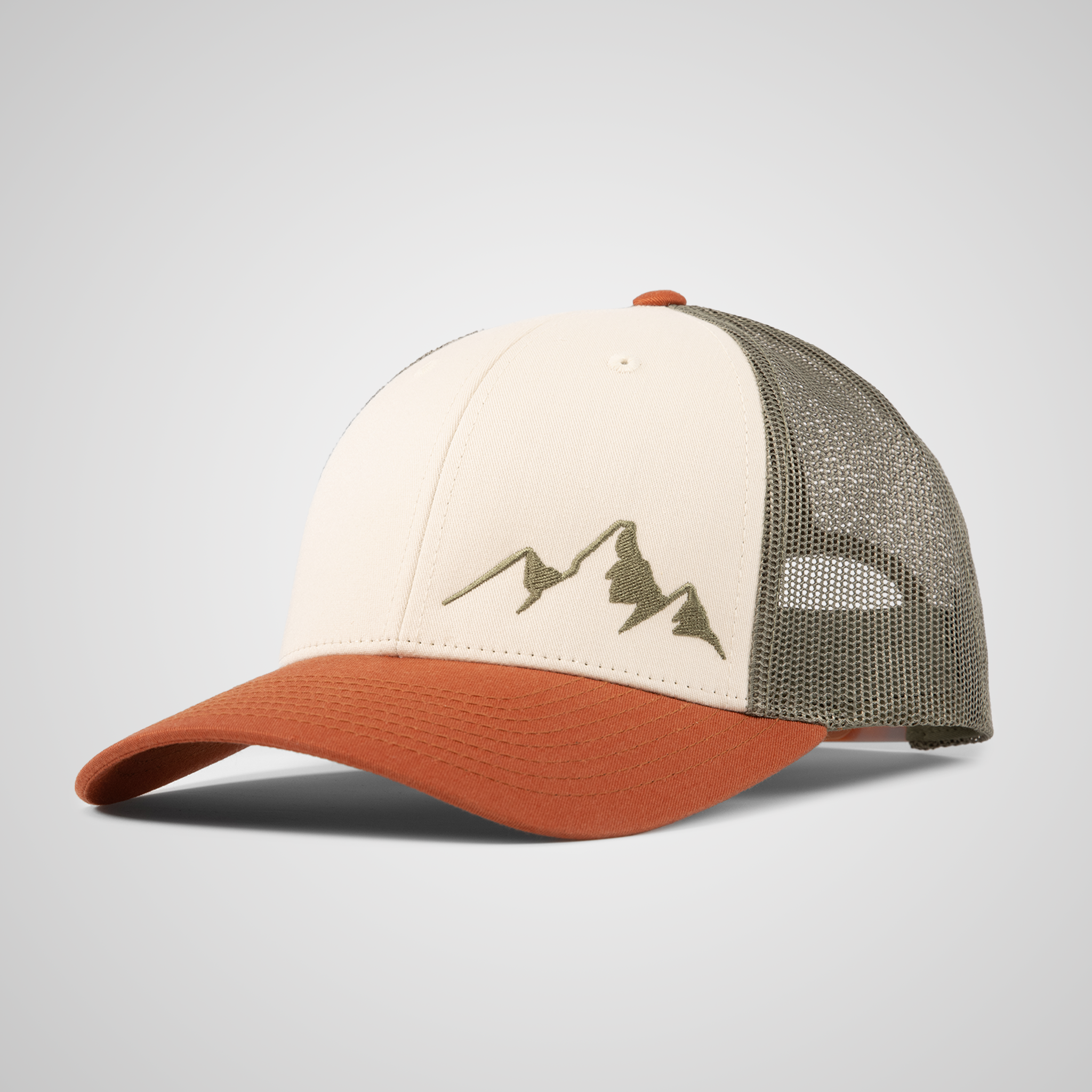 Low Profile Peak Trucker Hat | Cream/Loden/Orange