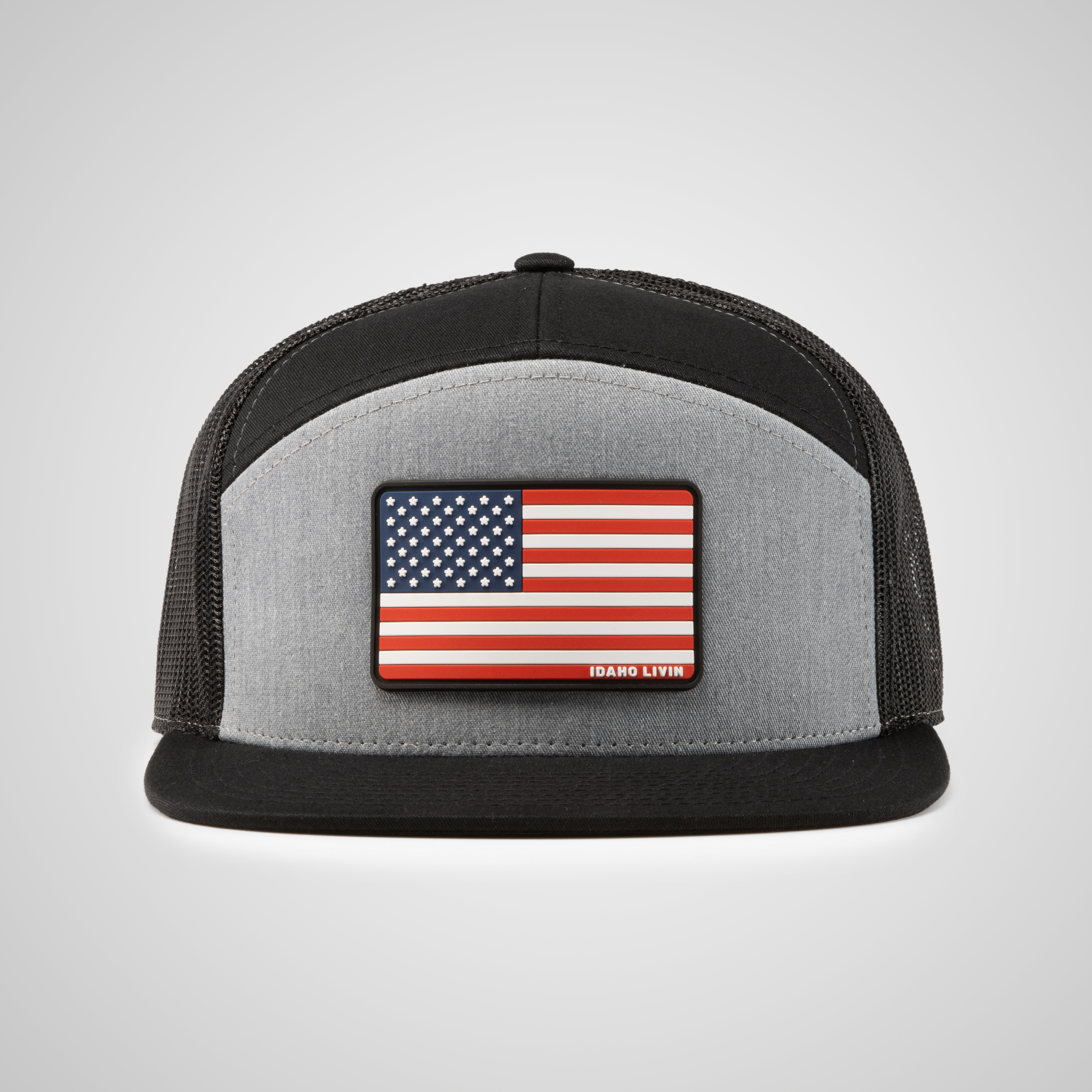 7 Panel Flag Hat, Heather/Black - front view - Idaho Livin
