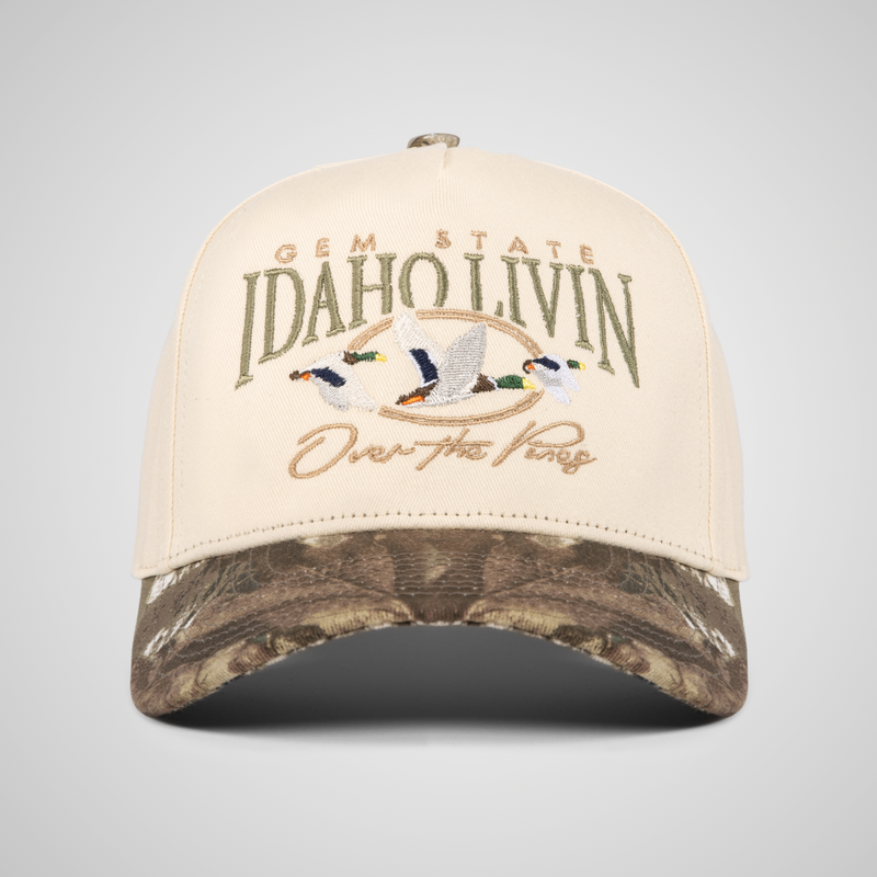 Over The Pines Retro Hat, Beige/Camo - front view - Idaho Livin