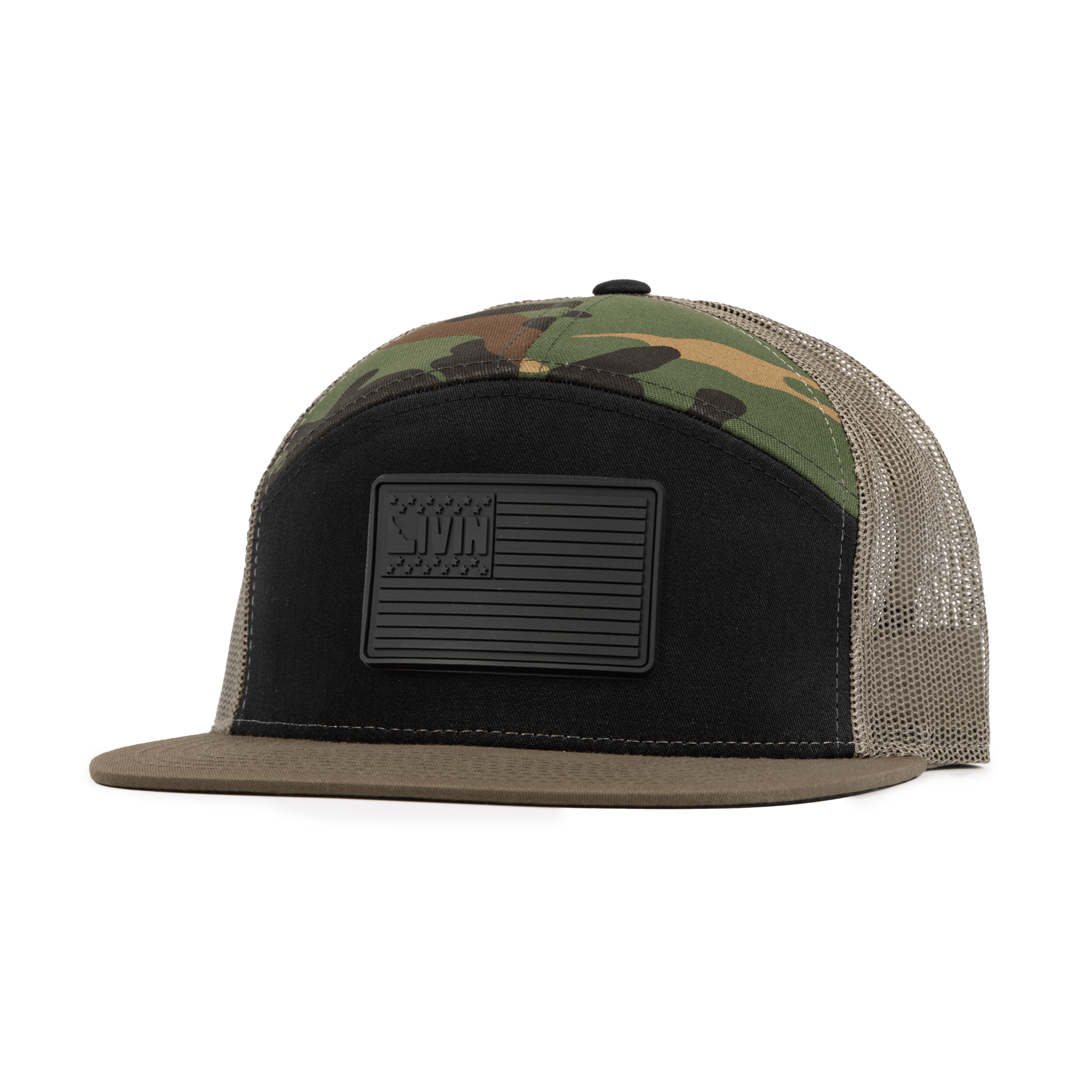 Dad Squad 7 Panel Flat Bill Trucker Hat - Camo